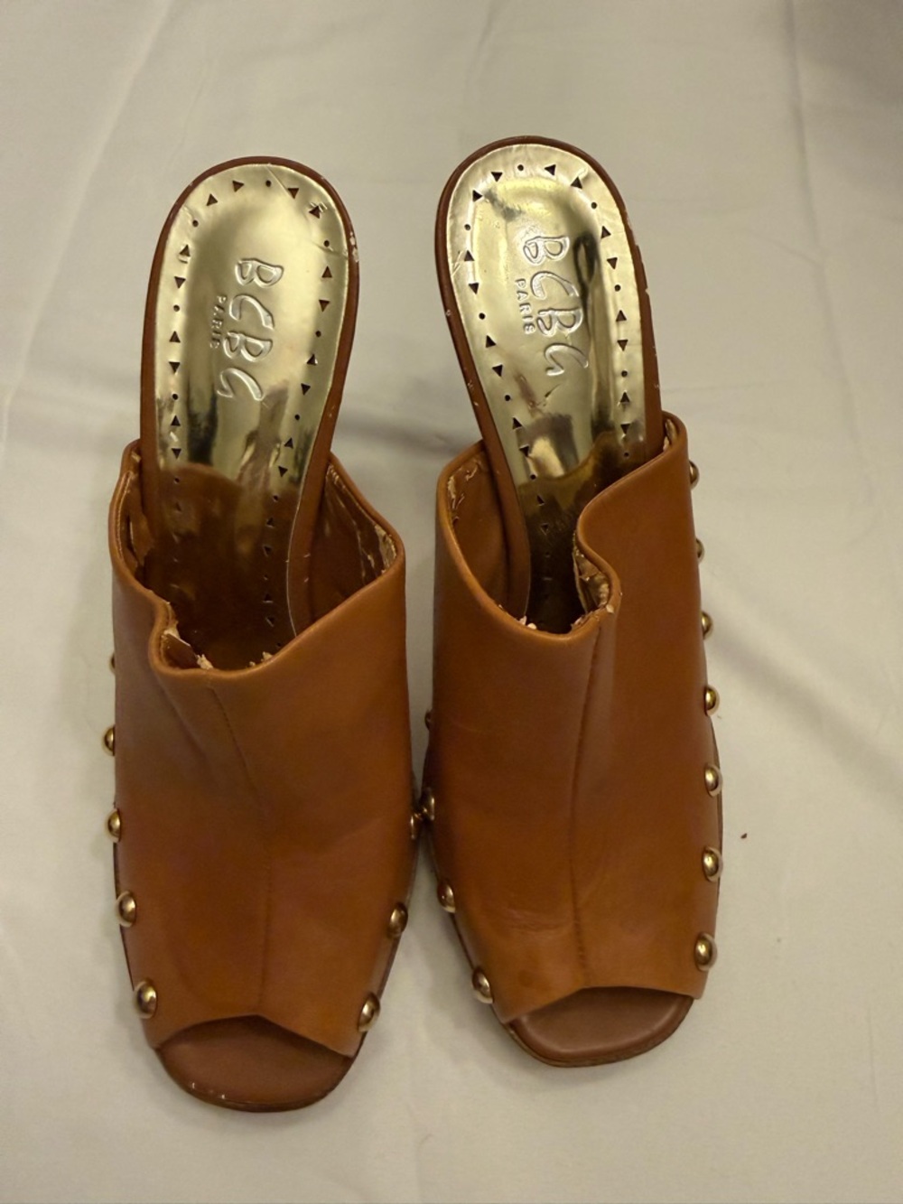 BCBG Tan Leather Stud-Trim Open-Toe Mules